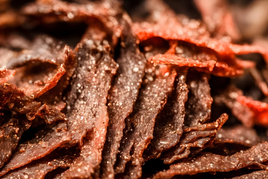 A pile of beef jerky strips. Homemade jerky at its finest!