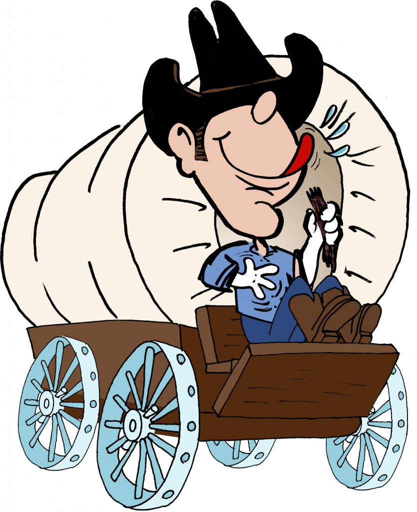 Cartoon jerky cowboy with jerky in his hand on a covered wagon.