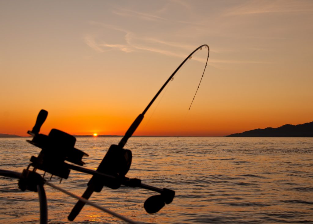 Fishing rod on a lake at sunset. Pole is bent as if just got a bite on the line. 
Are yuo a fishing type of person?
